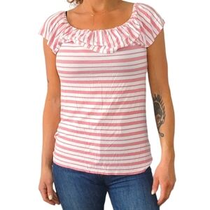 Reitmans Size X Small Striped Off Shouldered Ruffled Short Sleeve Blouse Pink Wh